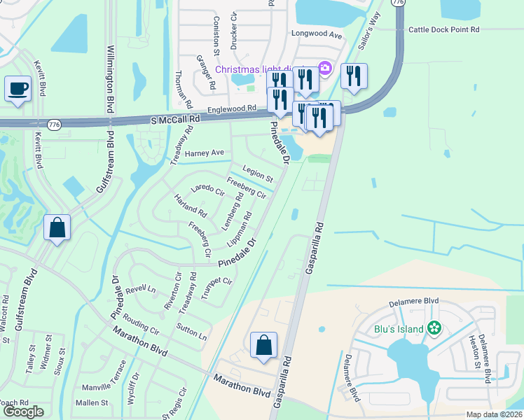 map of restaurants, bars, coffee shops, grocery stores, and more near 7107 Pinedale Drive in Port Charlotte