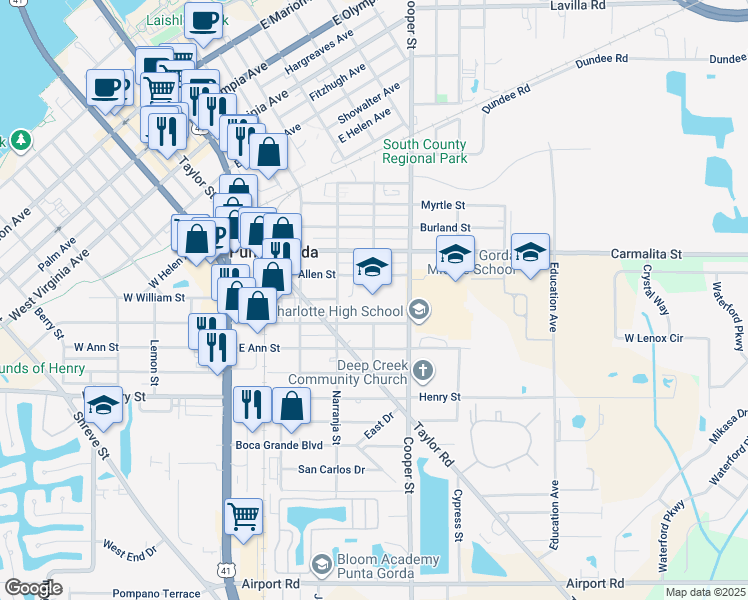 map of restaurants, bars, coffee shops, grocery stores, and more near 1230 Narranja Street in Punta Gorda