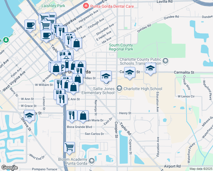 map of restaurants, bars, coffee shops, grocery stores, and more near 1230 Narranja Street in Punta Gorda