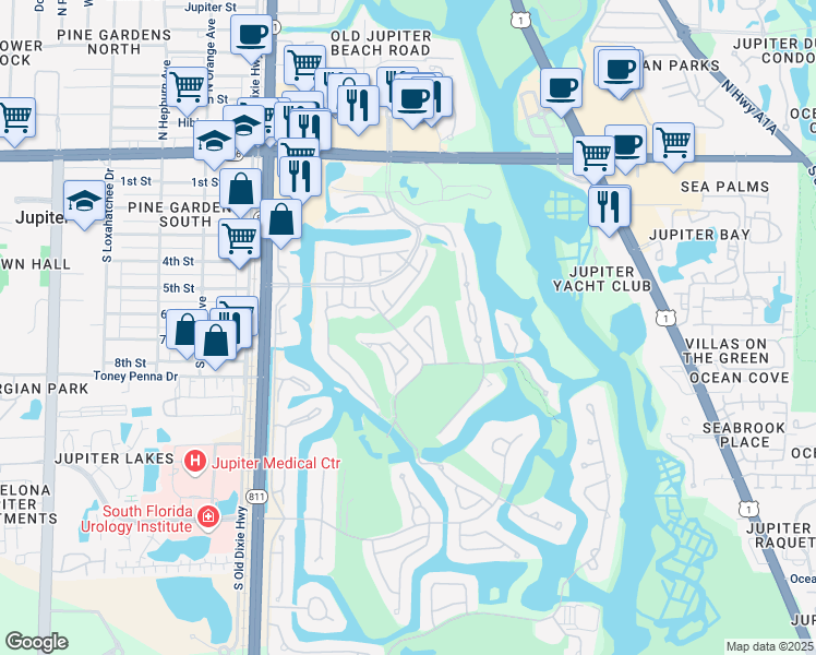 map of restaurants, bars, coffee shops, grocery stores, and more near 17052 Traverse Circle in Jupiter