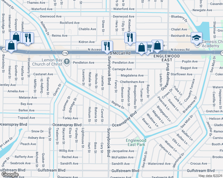 map of restaurants, bars, coffee shops, grocery stores, and more near 7090 Sunnybrook Boulevard in Englewood
