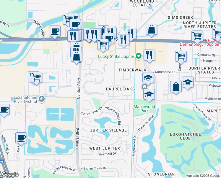map of restaurants, bars, coffee shops, grocery stores, and more near 331 Oak Crest Terrace in Jupiter