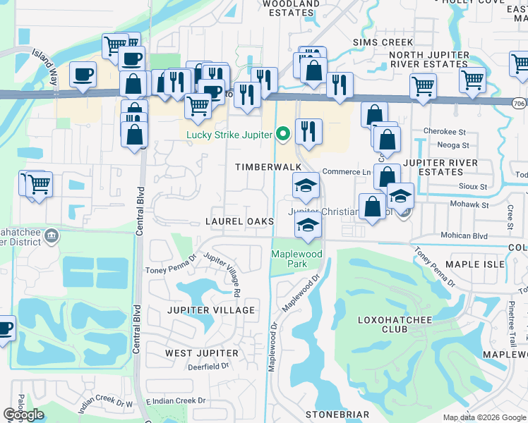 map of restaurants, bars, coffee shops, grocery stores, and more near 250 Timberwalk Trail in Jupiter