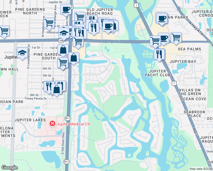 map of restaurants, bars, coffee shops, grocery stores, and more near 17052 Traverse Circle in Jupiter
