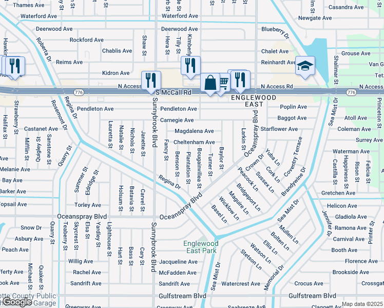map of restaurants, bars, coffee shops, grocery stores, and more near 7098 Plantation Street in Englewood