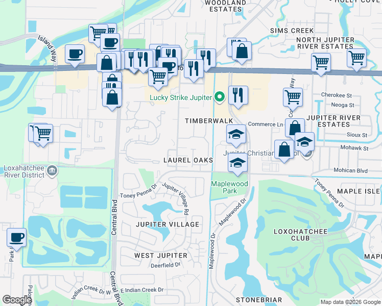 map of restaurants, bars, coffee shops, grocery stores, and more near 170 Timberwalk Trail in Jupiter