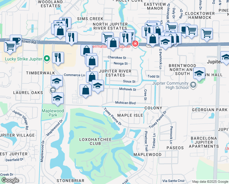 map of restaurants, bars, coffee shops, grocery stores, and more near 705 Cayuga Street in Jupiter