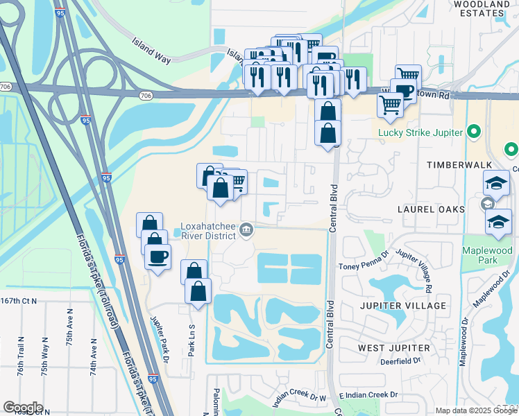 map of restaurants, bars, coffee shops, grocery stores, and more near 20C Mallards Cove in Jupiter