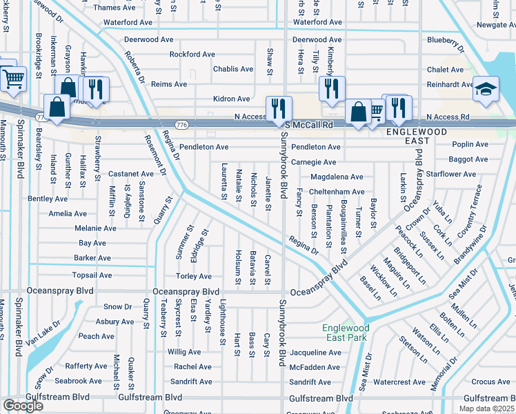 map of restaurants, bars, coffee shops, grocery stores, and more near 7092 Nichols Street in Englewood