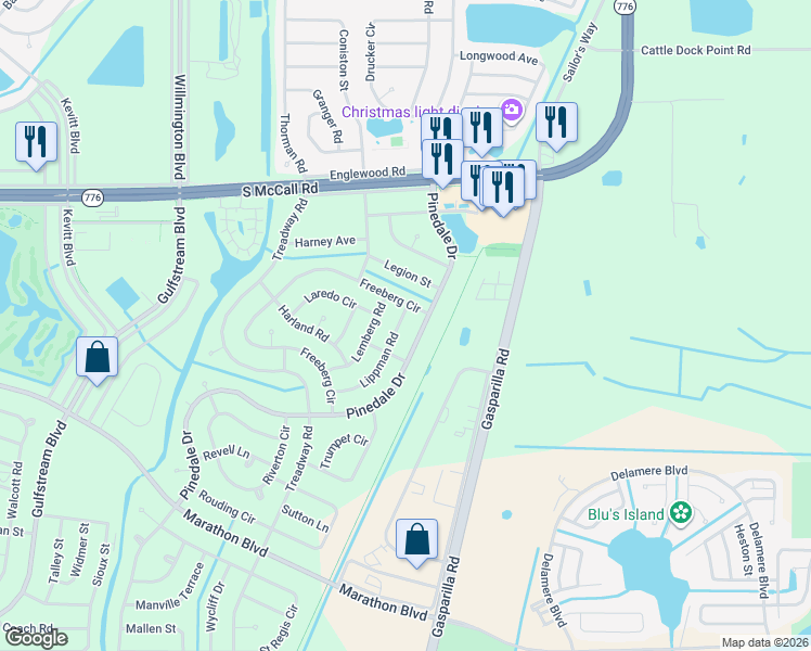 map of restaurants, bars, coffee shops, grocery stores, and more near 7107 Pinedale Drive in Port Charlotte