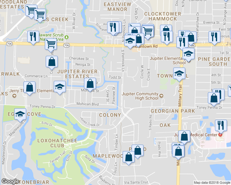 map of restaurants, bars, coffee shops, grocery stores, and more near 701 Pawnee St in Jupiter