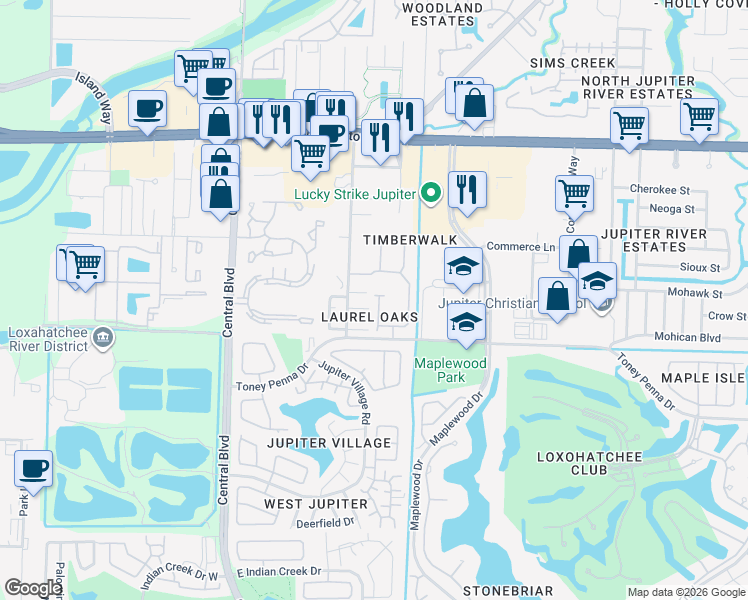 map of restaurants, bars, coffee shops, grocery stores, and more near 174 Timberwalk Trail in Jupiter