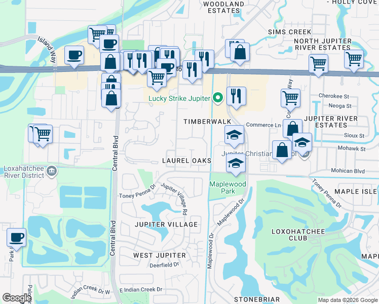 map of restaurants, bars, coffee shops, grocery stores, and more near 269 Live Oak Lane in Jupiter