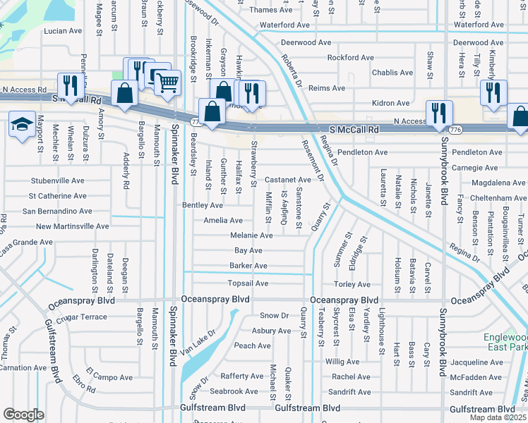 map of restaurants, bars, coffee shops, grocery stores, and more near 7100 Mifflin Street in Englewood