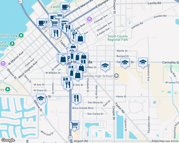 map of restaurants, bars, coffee shops, grocery stores, and more near 1226 Taylor Street in Punta Gorda