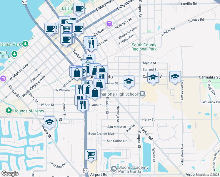 map of restaurants, bars, coffee shops, grocery stores, and more near 1226 Taylor Street in Punta Gorda