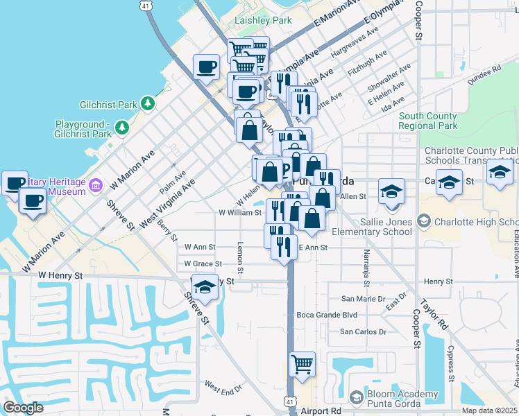 map of restaurants, bars, coffee shops, grocery stores, and more near 219 West William Street in Punta Gorda