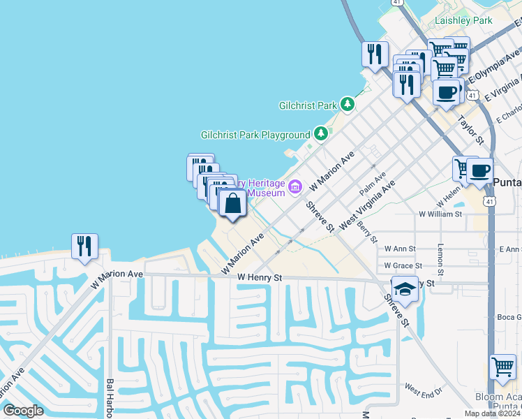 map of restaurants, bars, coffee shops, grocery stores, and more near Linear Park in Punta Gorda