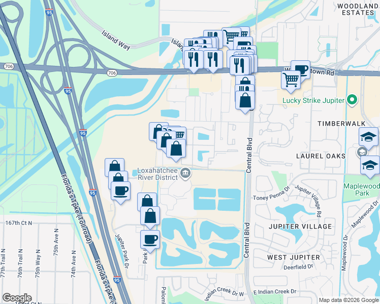 map of restaurants, bars, coffee shops, grocery stores, and more near 33 Mallards Cove in Jupiter