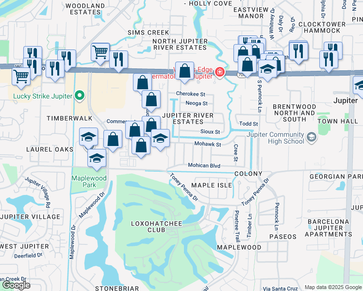 map of restaurants, bars, coffee shops, grocery stores, and more near 705 Cayuga Street in Jupiter