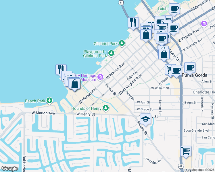 map of restaurants, bars, coffee shops, grocery stores, and more near 227b Shreve Street in Punta Gorda