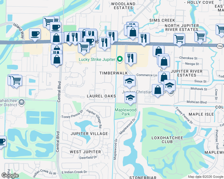 map of restaurants, bars, coffee shops, grocery stores, and more near 250 Timberwalk Trail in Jupiter