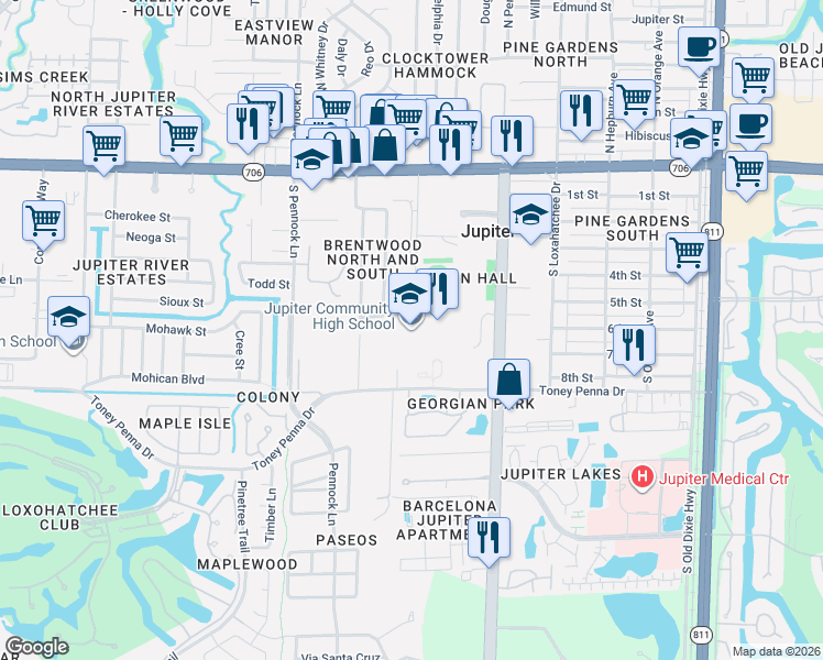map of restaurants, bars, coffee shops, grocery stores, and more near 500 Military Trail in Jupiter