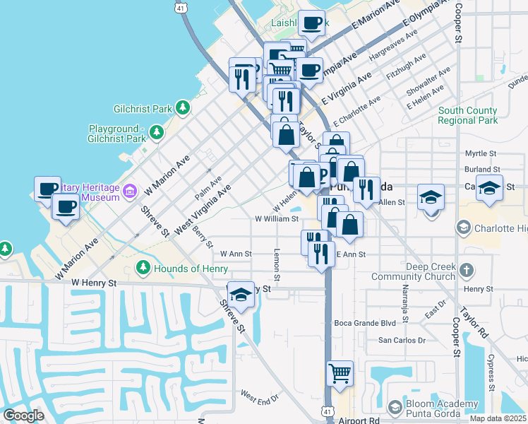 map of restaurants, bars, coffee shops, grocery stores, and more near 550 West Helen Avenue in Punta Gorda