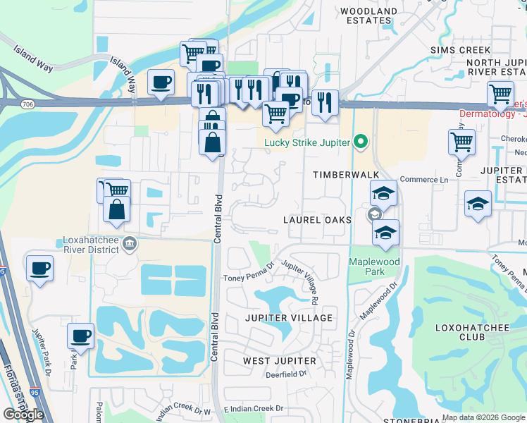 map of restaurants, bars, coffee shops, grocery stores, and more near 6479 Chasewood Drive in Jupiter