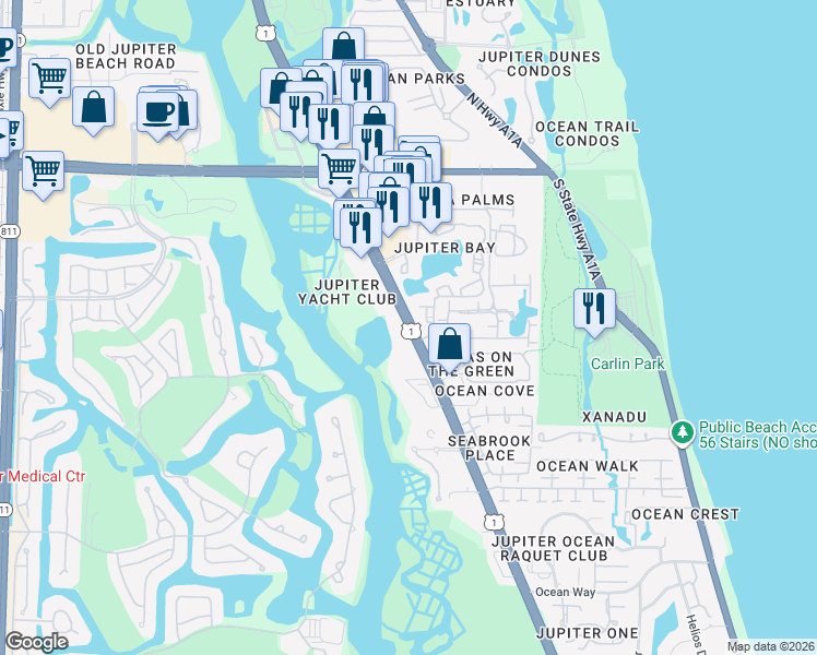 map of restaurants, bars, coffee shops, grocery stores, and more near South US Highway 1 in Jupiter