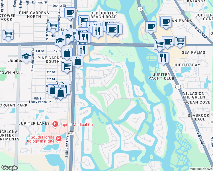 map of restaurants, bars, coffee shops, grocery stores, and more near 17052 Traverse Circle in Jupiter