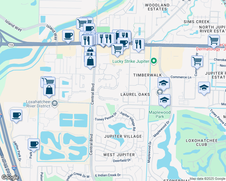 map of restaurants, bars, coffee shops, grocery stores, and more near 6299 Chasewood Drive in Jupiter
