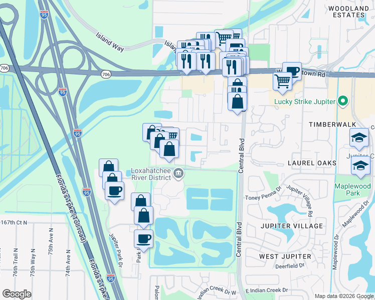 map of restaurants, bars, coffee shops, grocery stores, and more near 21 Mallards Cove in Jupiter