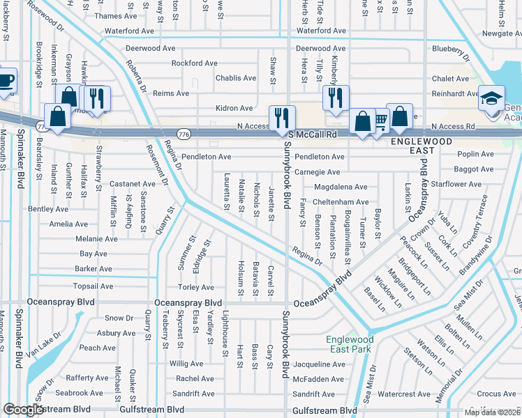 map of restaurants, bars, coffee shops, grocery stores, and more near 7092 Nichols Street in Englewood