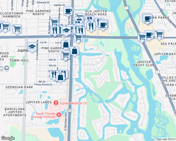 map of restaurants, bars, coffee shops, grocery stores, and more near 16970 Waterbend Drive in Jupiter