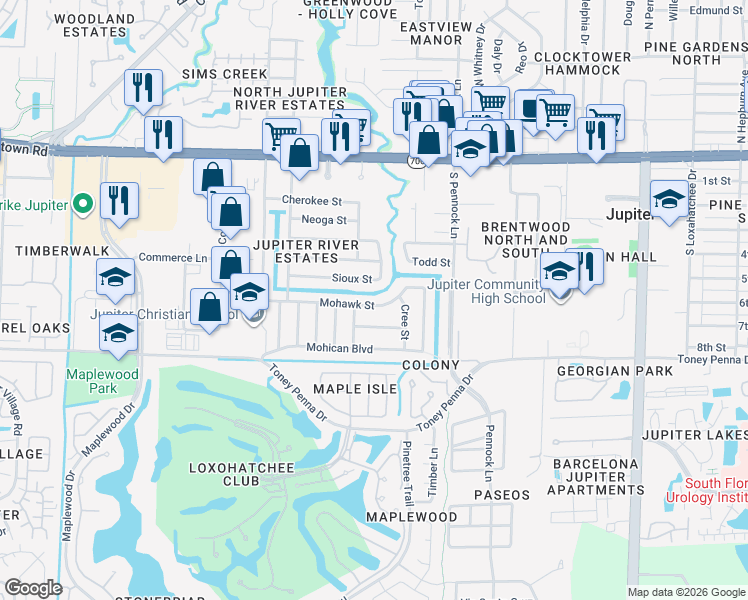 map of restaurants, bars, coffee shops, grocery stores, and more near 1007 Mohawk Street in Jupiter