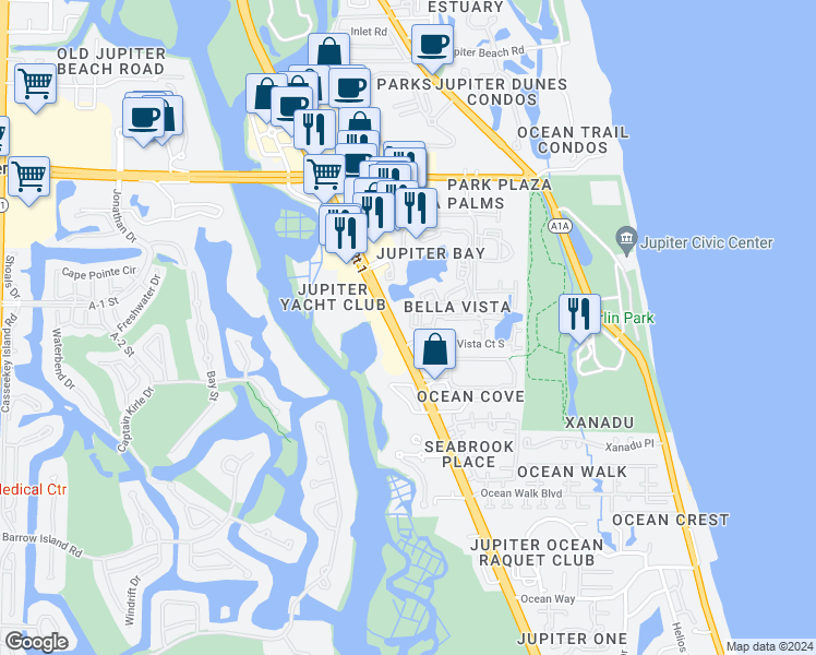 map of restaurants, bars, coffee shops, grocery stores, and more near 353 U.S. 1 in Jupiter