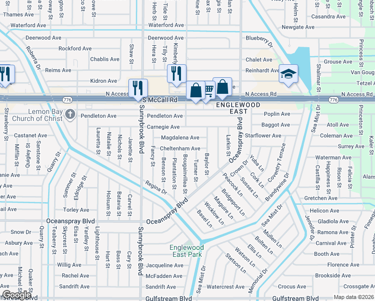 map of restaurants, bars, coffee shops, grocery stores, and more near 7072 Bougainvillea Street in Englewood
