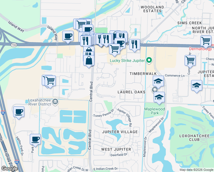 map of restaurants, bars, coffee shops, grocery stores, and more near 6500 Chasewood Drive in Jupiter