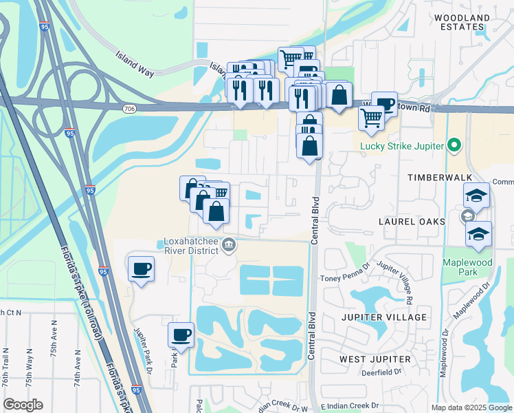 map of restaurants, bars, coffee shops, grocery stores, and more near 6701 Mallards Cove Road in Jupiter