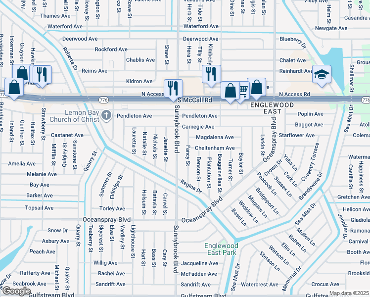 map of restaurants, bars, coffee shops, grocery stores, and more near 7069 Fancy Street in Englewood