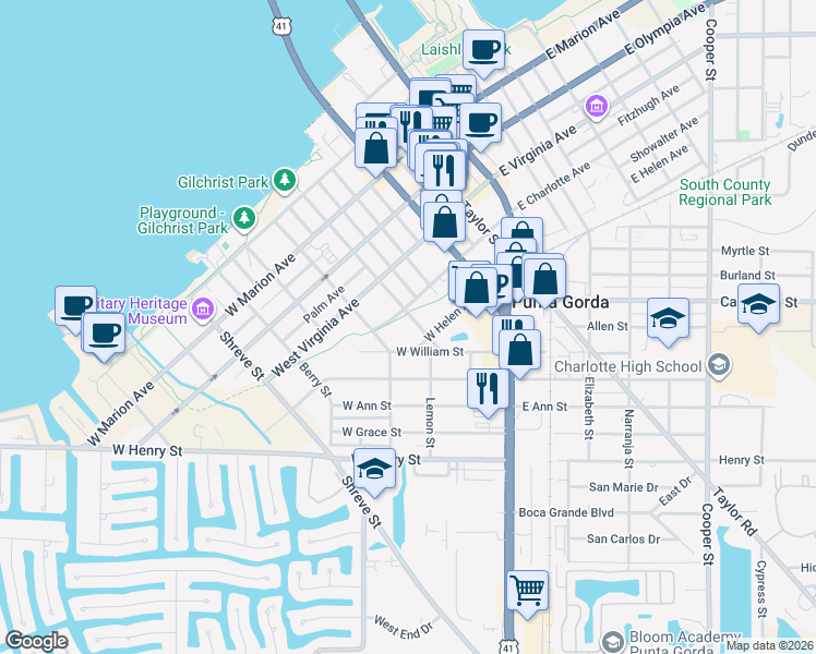 map of restaurants, bars, coffee shops, grocery stores, and more near 500 Gill Street in Punta Gorda