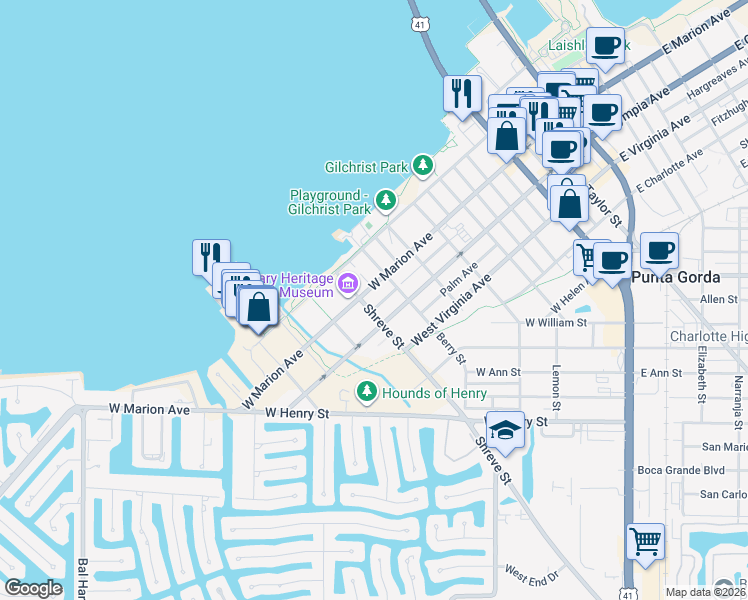 map of restaurants, bars, coffee shops, grocery stores, and more near 155 Sarah Street in Punta Gorda