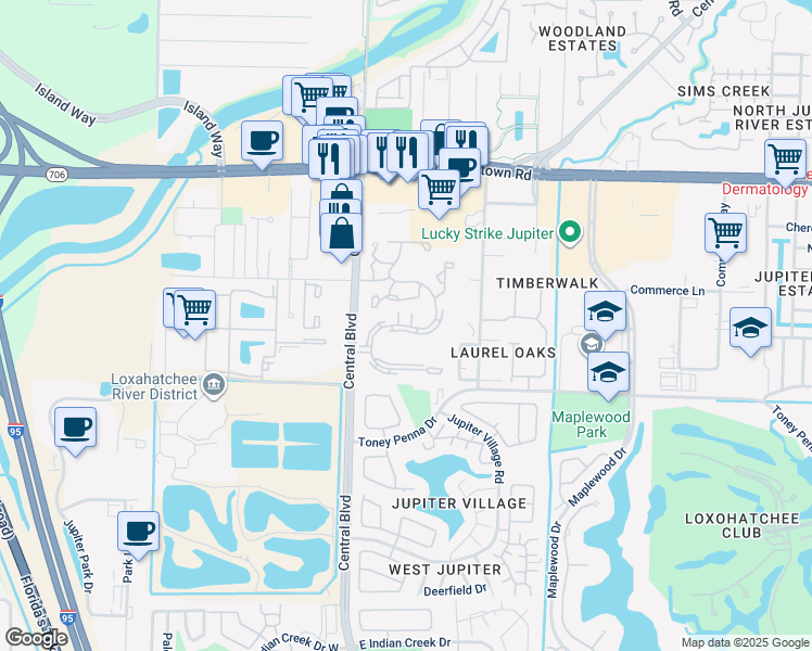 map of restaurants, bars, coffee shops, grocery stores, and more near 6443-6579 Chasewood Drive in Jupiter