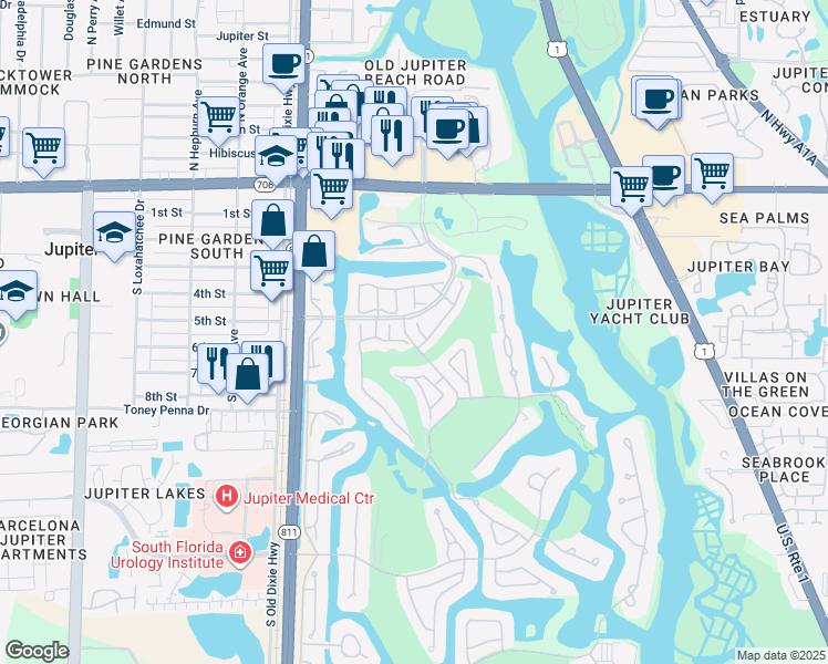 map of restaurants, bars, coffee shops, grocery stores, and more near 17190 Hilliard Terrace in Jupiter