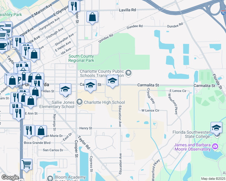 map of restaurants, bars, coffee shops, grocery stores, and more near 1001 Education Avenue in Punta Gorda
