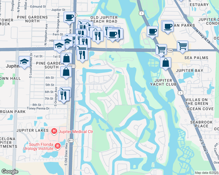 map of restaurants, bars, coffee shops, grocery stores, and more near 3728 Freshwater Drive in Jupiter