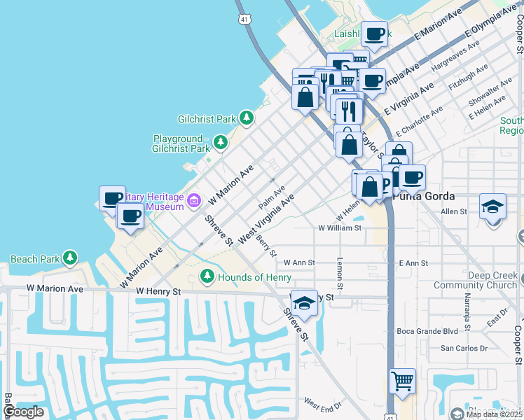 map of restaurants, bars, coffee shops, grocery stores, and more near 351 Chasteen Street in Punta Gorda