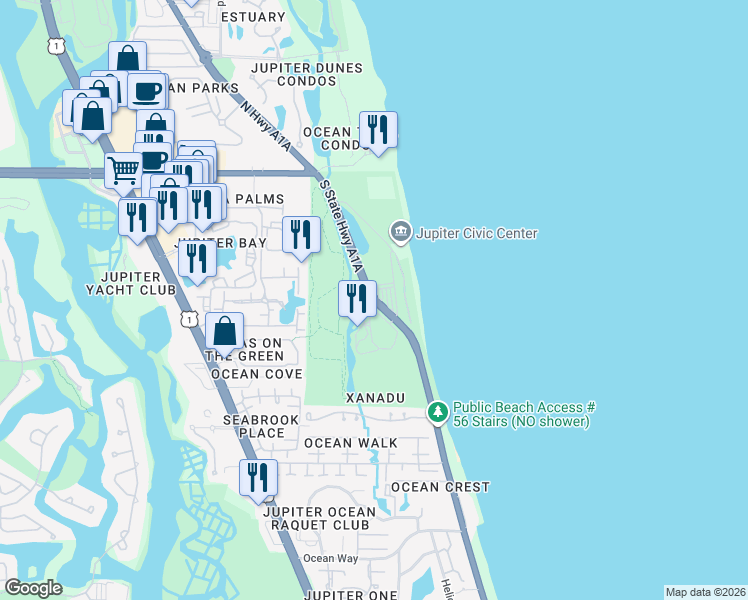 map of restaurants, bars, coffee shops, grocery stores, and more near 733 Ocean Boulevard in Jupiter