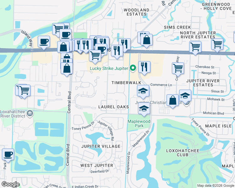 map of restaurants, bars, coffee shops, grocery stores, and more near 331 Timberwalk Trail in Jupiter